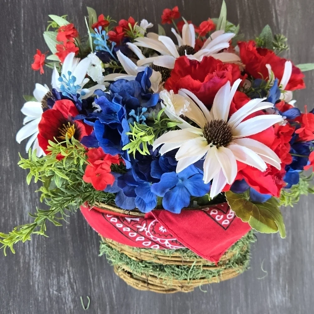 Handmade Patriotic Floral Basket Door Hanger Wreath 4th Of July Summer Wreath